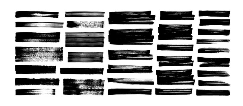 Hand drawn distress damaged edge brush strokes. Straight bold or thick lines with dry texture. Vector paint grunge horizontal lines collection. Vector black ink brush strokes, rectangles and banners.