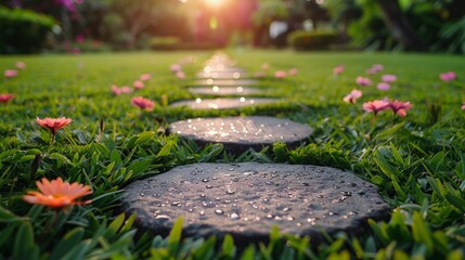 Close up of a stone pathway lined with pink flowers in a lush green garden. AI generative. .