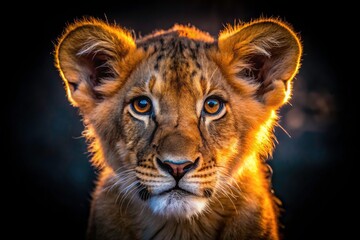 Fototapeta premium Lion Cub Night Portrait: Intense Gaze, Detailed Fur, Wildlife Photography