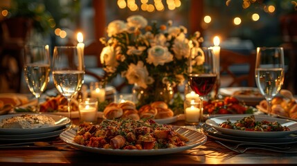 A candlelit dinner table with wine glasses and a plate of roasted vegetables. AI generative. .