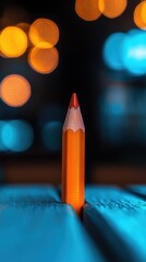 A Single Orange Pencil Standing Tall Against a Blurred Background of Lights