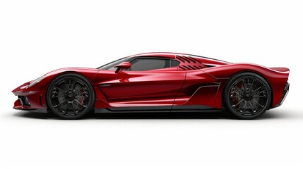 Fototapeta premium Red sports car, side view, black wheels, white background. AI generative. .