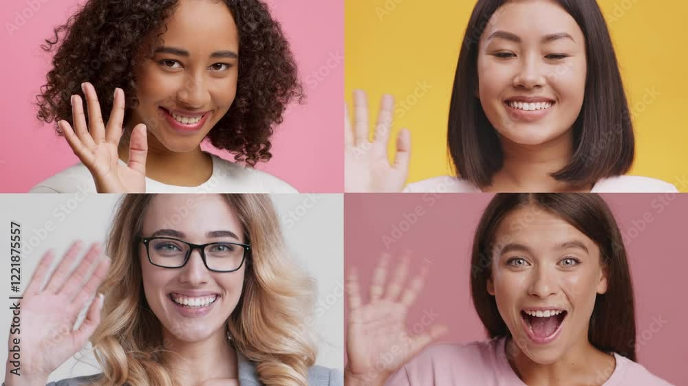 Poster Four individuals from different backgrounds are joyfully waving. Their expressions exhibit happiness and positivity, creating a vibrant atmosphere of inclusion and warmth.