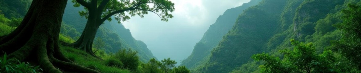 Obraz premium Montserrat's lush forest with ancient trees and misty atmosphere, mist, rustic, scenery