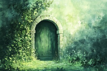 Fototapeta premium Green Doorway Hidden Amidst Lush Foliage