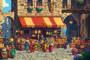 Fototapeta premium A bustling medieval marketplace shop with many colorful goods