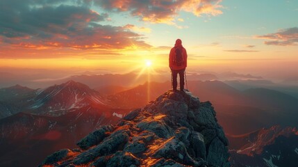 Silhouette of a hiker on a mountain peak at sunset over a foggy mountain range. AI generative. .