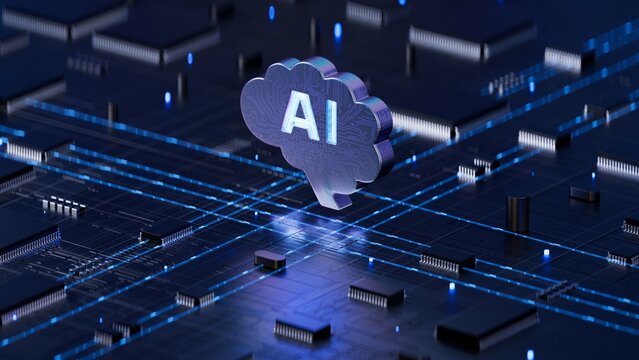 AI brain on circuit board symbolizes intelligence and technology integration. 3d rendering, conceptual image.