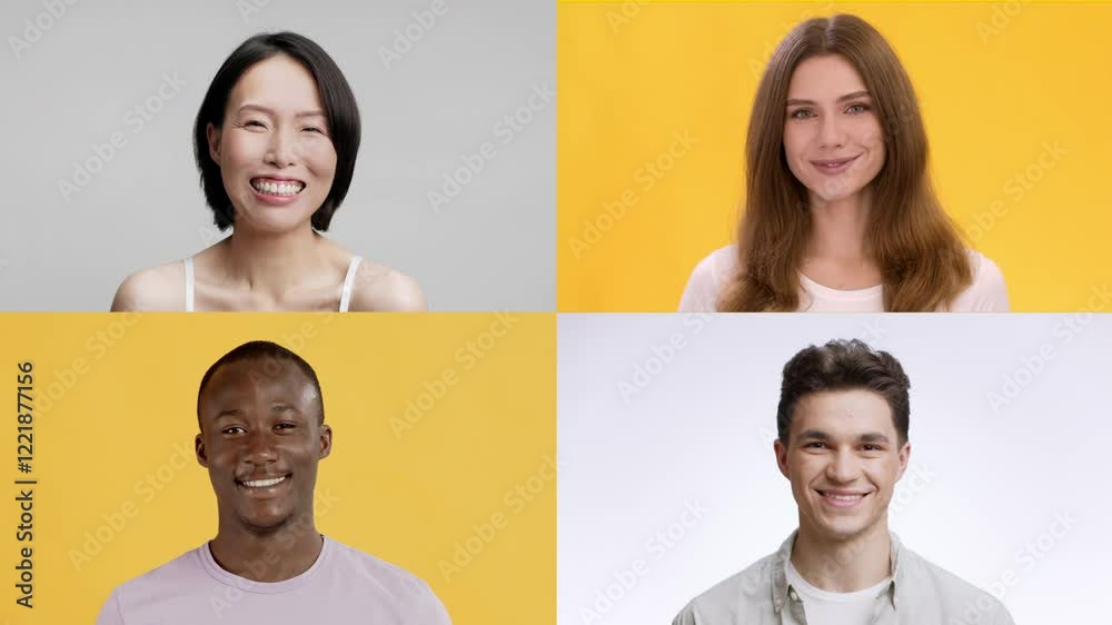Poster Four individuals of different backgrounds are smiling warmly. They are positioned in a grid format, with each person set against distinct bright backgrounds, creating a cheerful atmosphere.