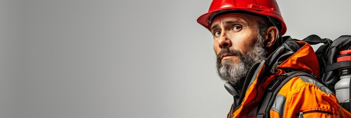 Fototapeta premium Closeup of a man wearing a red hard hat and orange jumpsuit, looking off to the side. AI generative. .