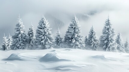 Fototapeta premium Snow-covered fir trees stand tall in a misty, wintery landscape. AI generative. .
