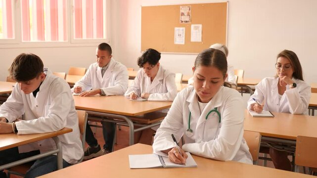 Group of interested young adult doctor trainees in white coats sitting at desks in university classroom, listening to lecture on general medical practice during refresher course. High quality 4k