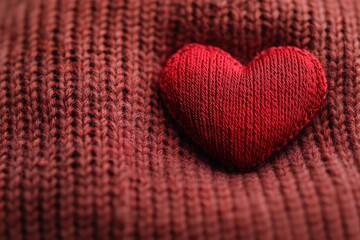 Fototapeta premium Red knitted heart resting on soft woolen fabric, celebrating Valentine's Day
