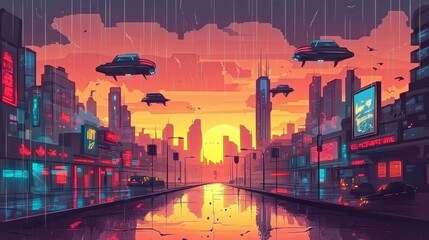 Fototapeta premium Futuristic Cityscape Rain Sunset Flying Cars Neon Lights