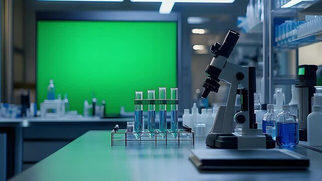 science-themed studio with lab equipment on the desk, bright overhead lights, and a green screen