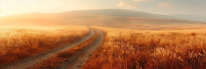 A winding dirt path through a field of tall grass lit by the golden light of sunset. AI generative. .