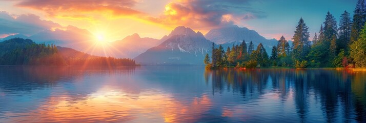 Obraz premium Sunrise over a calm lake with mountains in the distance, trees lining the shore, and the sky reflected in the water. AI generative. .