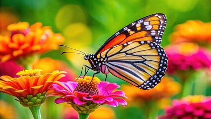 Fototapeta premium Monarch Butterfly on Zinnia Flower, Stunning Macro Food Photography, Insect on Bloom, Nature Close Up