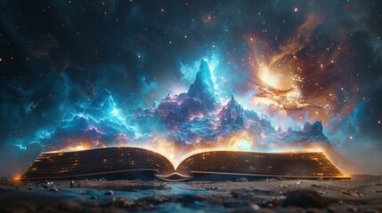 Open book with glowing pages, creating a fantastical landscape with mountains, stars, and nebulae. AI generative. .