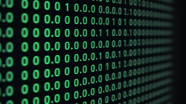 digital matrix of binary code scrolling on computer screen, concept of technology, coding, data visualization