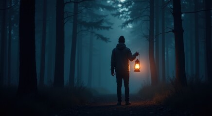 Arafed man holding a lantern in a dark forest