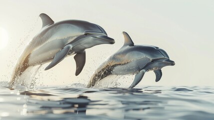 Fototapeta premium Two dolphins leap from the water, creating splashes and ripples. AI generative. .