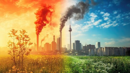 Obraz premium A clear divide between a polluted, hazy city and a clean, blue sky, representing air pollution contrast.
