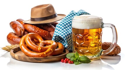 Oktoberfest Beer Stein, Pretzel, Sausage, Mug, Hat,  Photo Set, Isolated White Background, Autumn Festival, German Party