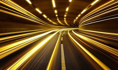 Fototapeta premium Golden light trails of cars speeding through a curved tunnel at night