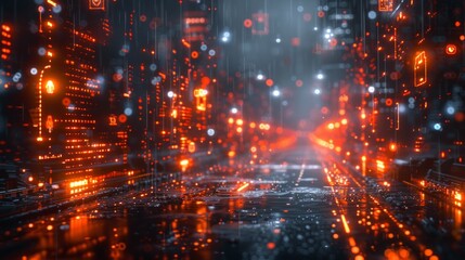 Abstract digital cityscape with red and white lights, AI generative. .