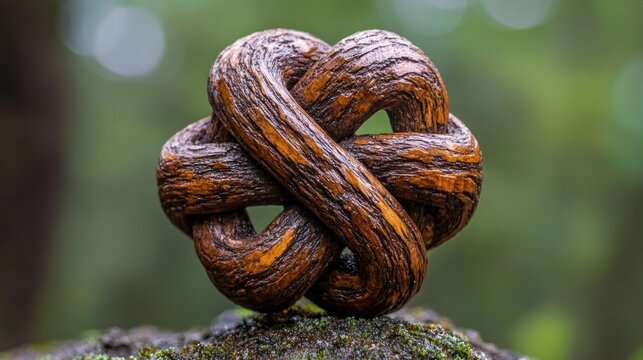 Closeup view of the complex intricately tangled and knotted patterns within the wood grains and fibers of a natural weathered tree trunk or branch  The abstract