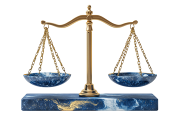 3D Blue and Gold Justice Scales, Realistic Photography on transparent background