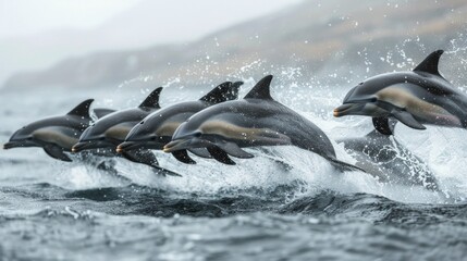 A pod of dolphins leaps from the water, creating a splash of white. AI generative. .