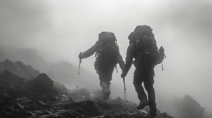 Two hikers with backpacks ascend a misty mountain path. AI generative. .
