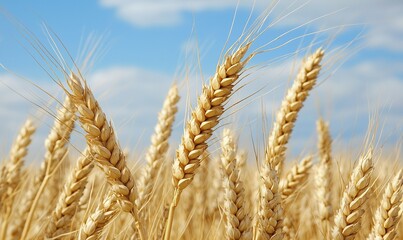 Fototapeta premium Golden wheat field under blue sky, ready for harvest, agriculture background