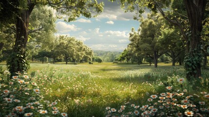 Obraz premium A green meadow with a field of white flowers framed by trees and a blue sky. AI generative. .