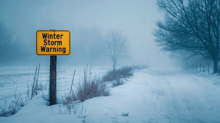 Winter Storm Warning Sign With Snowfall and Stormy Background.