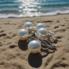 Elegant pearl earrings displayed with a serene beach and ocean waves in the background.