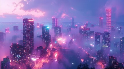 Obraz premium Aerial view of a neon-lit cityscape shrouded in fog and pink clouds. AI generative. .