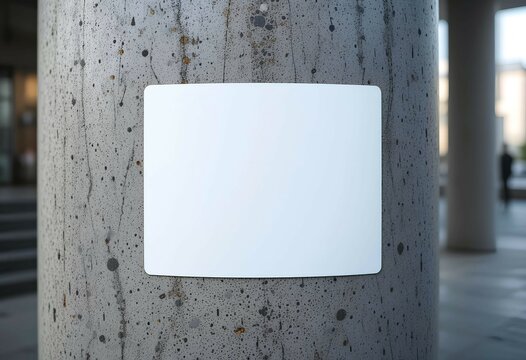 Blank white rectangle shape sticker label mockup is attached to pillar