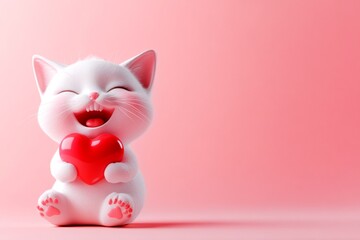 Turkish van - my beloved cat. Ad campaign pattern idea. Cute turkish van kitty with furry friend toy red heart - emblem of love, funny greeting card. Romantic animal valentine concept.