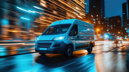 Fast Delivery Van in City at Night