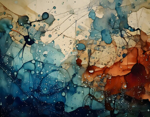 Abstract artwork with splatters, lines, and blended colors of blue, brown, and beige. Fluid and dynamic
