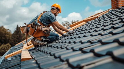 A roofer working on the roof repair of a home