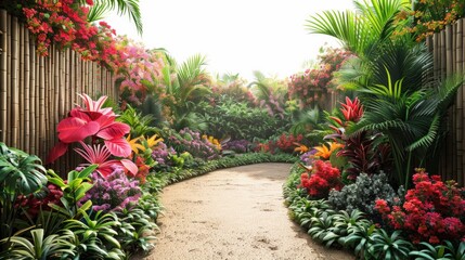 Fototapeta premium A winding path through a lush jungle with a bamboo fence and vibrant flowers. AI generative. .