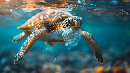 Obraz premium A sea turtle swims underwater with plastic stuck in its mouth. AI generative. .