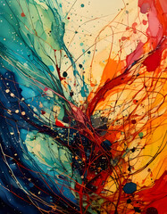 A vibrant explosion of colors and dynamic lines creates an energetic abstract composition. Splashes and drips add texture and movement