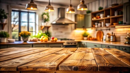 Rustic Wooden Table with Blurred Kitchen Background for Cozy Ambiance, Perfect for Food Photography, Home Decor, and Interior Design Inspiration
