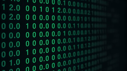 digital matrix of binary code scrolling on computer screen, concept of technology, coding, data visualization