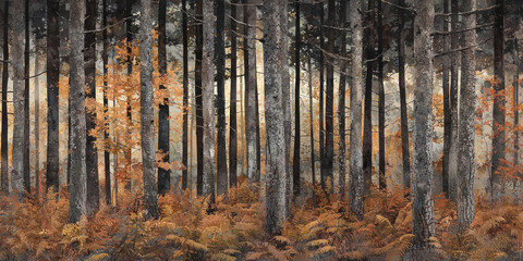 A forest of tall trees with brown and green ferns, an atmospheric woodland scene with tall pine tree trunks surrounded by orange and yellow foliage, generative AI